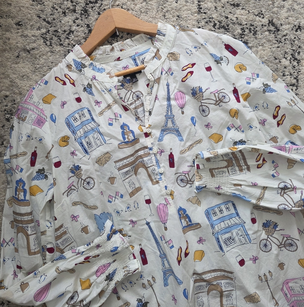 Talbots Paris Print Longsleeve Blouse Ruffle Neckline Womens L Petite EUC Preppy